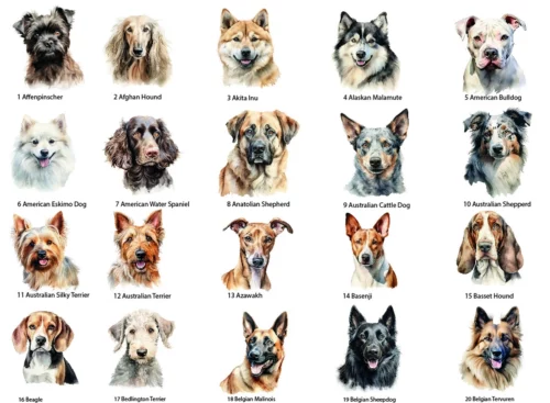 Hunde Schild personalisierbar aus Acryl, Hunde Clipart Bundle. Dargestellt sind 20 verschiedene Hunde auf weißem Hintergrund, nummeriert von 1 - 20.
