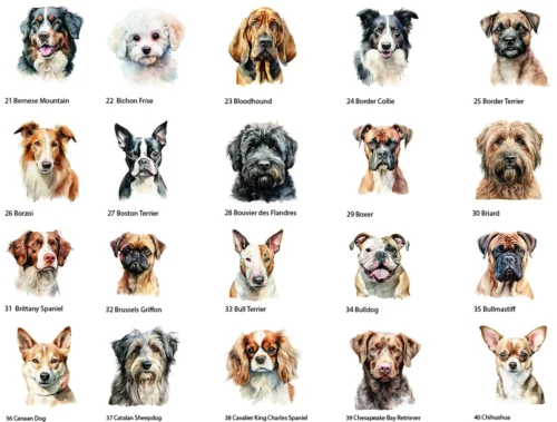 Hunde Schild personalisierbar aus Acryl, Hunde Clipart Bundle. Dargestellt sind 20 verschiedene Hunde auf weißem Hintergrund, nummeriert von 21 - 40. Einen dieser Hunde kann man sich für den Druck auf das Acrylschild auswählen.