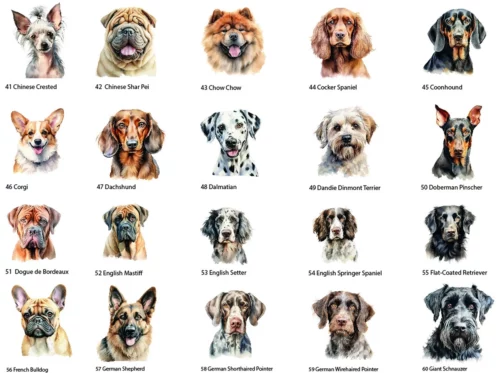 Hunde Schild personalisierbar aus Acryl, Hunde Clipart Bundle. Dargestellt sind 20 verschiedene Hunde auf weißem Hintergrund, nummeriert von 41 - 60. Einen dieser Hunde kann man sich für den Druck auf das Acrylschild auswählen.