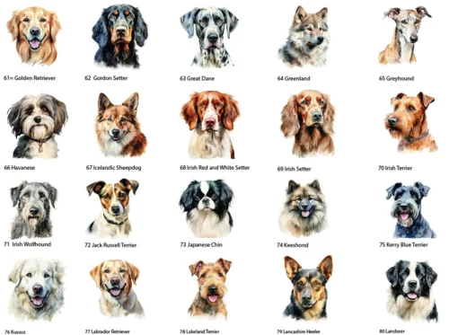 Hunde Schild personalisierbar aus Acryl, Hunde Clipart Bundle. Dargestellt sind 20 verschiedene Hunde auf weißem Hintergrund, nummeriert von 61 - 80. Einen dieser Hunde kann man sich für den Druck auf das Acrylschild auswählen.