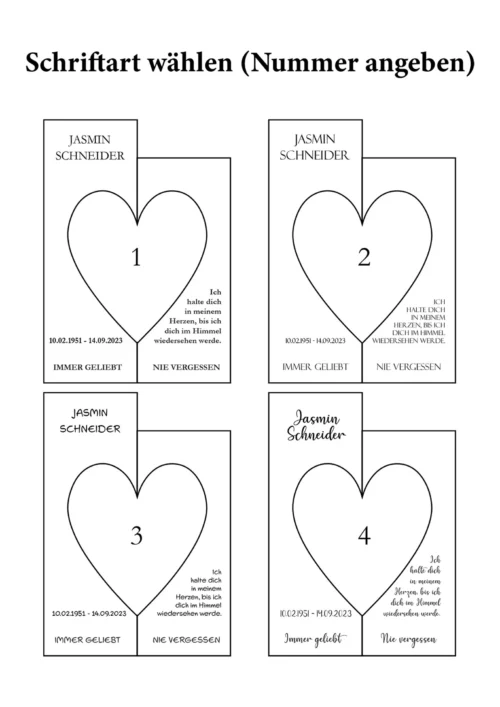 Auswahl des Schrifttyps für das Trauerlicht Herz. Ausgewählt werden können vier verschiedene Schrifttypen.