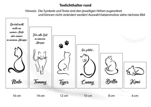 Teelichthalter Katze, Erinnerungslichter, rund, Schematische der Höhen mit Gravur