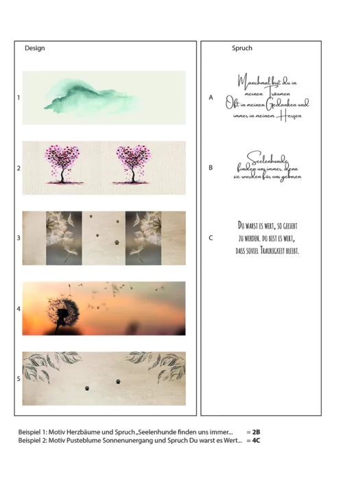 Glaslaterne Trauer Tier, abgebildet sind 5 verschiedene Motive und drei unterschiedliche Sprüche als Auswahl zum personalisieren der Glaslaterne