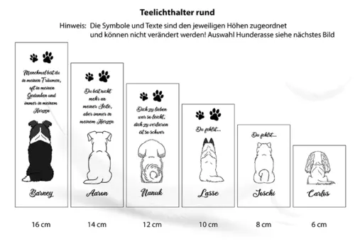 Teelichthalter Hund, Erinnerungslichter, rund, schematische der Höhen mit Gravur