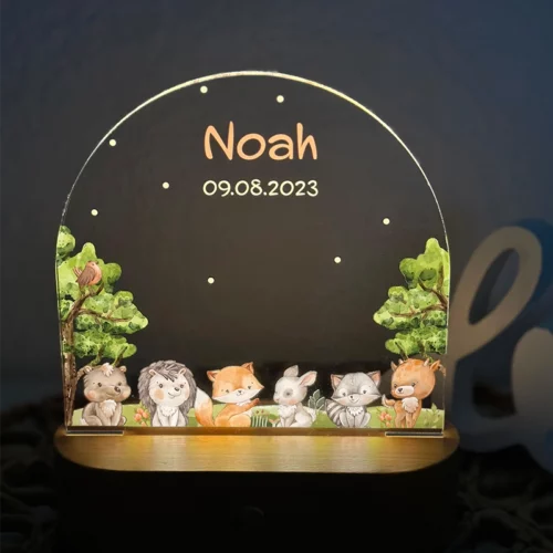 Nachtlicht für Kinder Motiv Waldtiere - LED Nachtlicht mit Holzsockel, Acrylscheibe bedruckt mit einer Szene von Waldtieren