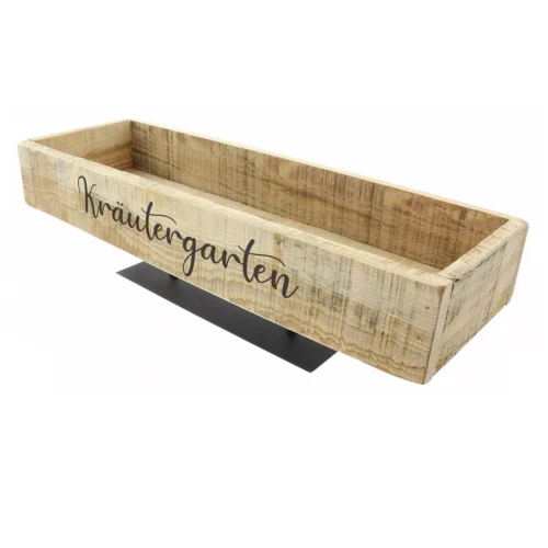 tischboard-dekoboard aus Holz im Shabbystyle, personalisiert mit Schriftzug "Kräutergarten", auf schwarzem Metallsockel, Seitenansicht schräg vorne