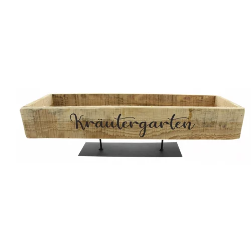 tischboard-dekoboard aus Holz im Shabbystyle, personalisiert mit Schriftzug "Kräutergarten", auf schwarzem Metallsockel, Ansicht von vorne