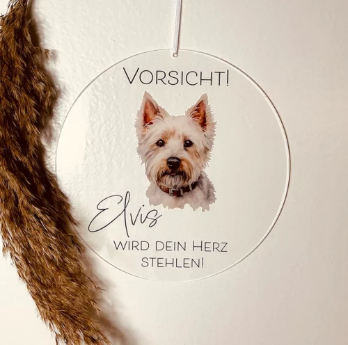 Hunde Schild personalisierbar aus Acryl, Durchmesser 20 cm, mit einem abgebildeten Hundkopf, hängend an einer weißen Wand, mit einem lustigen Spruch