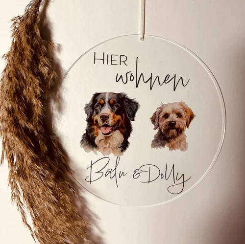 Hunde Schild personalisierbar aus Acryl, Durchmesser 20 cm, mit zwei Hundköpfen, hängend an einer weißen Wand, mit dem Text:"Hier wohnen Balu & Dolly"
